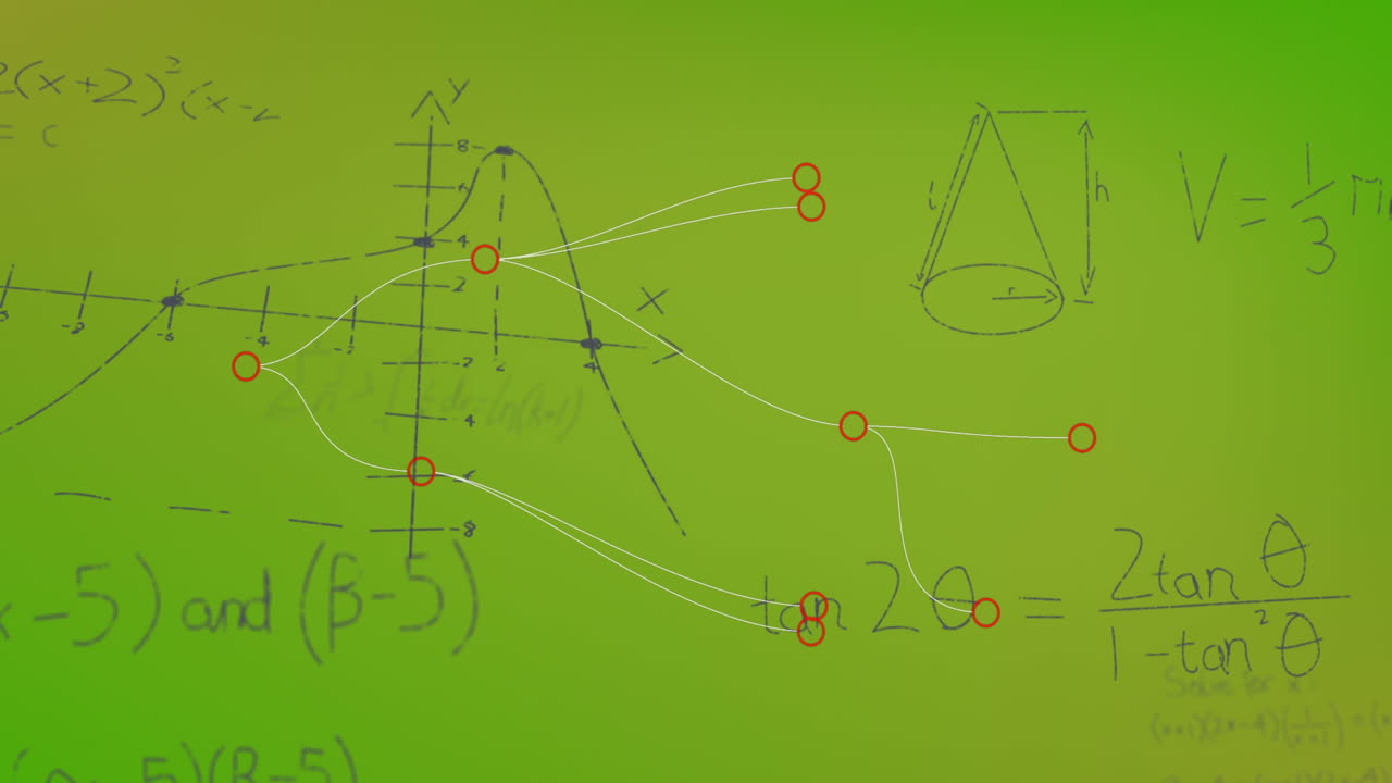 animación de puntos de conexión y ecuaciones matemáticas flotando contra un fondo verde