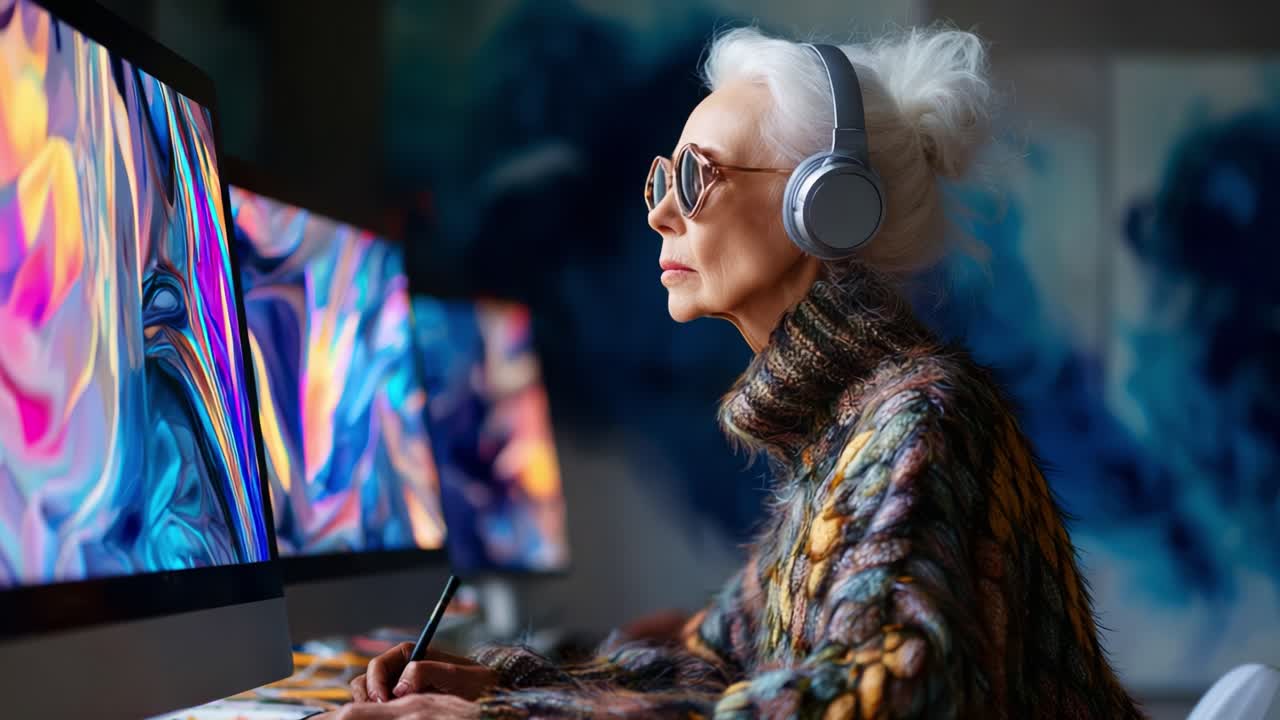 A Senior Woman Dressed in a Colorful Sweater, Wearing Headphones, Engaged in Creative Digital Work on Two Vibrant Monitors, Showcasing Modern Technology and Artistic Passion
