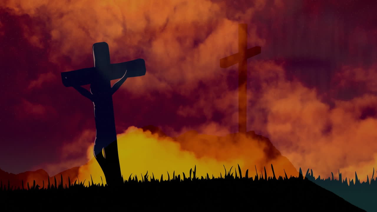 Cross silhouette against dramatic orange and red sky with clouds at sunset