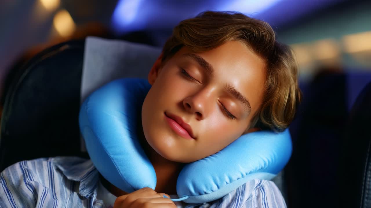 A Peaceful Moment of Serenity: A Young Traveler Relaxing with a Blue Neck Pillow on a Flight, Lost in Dreams Amidst the Subtle Ambient Lighting of an Airplane's Cabin