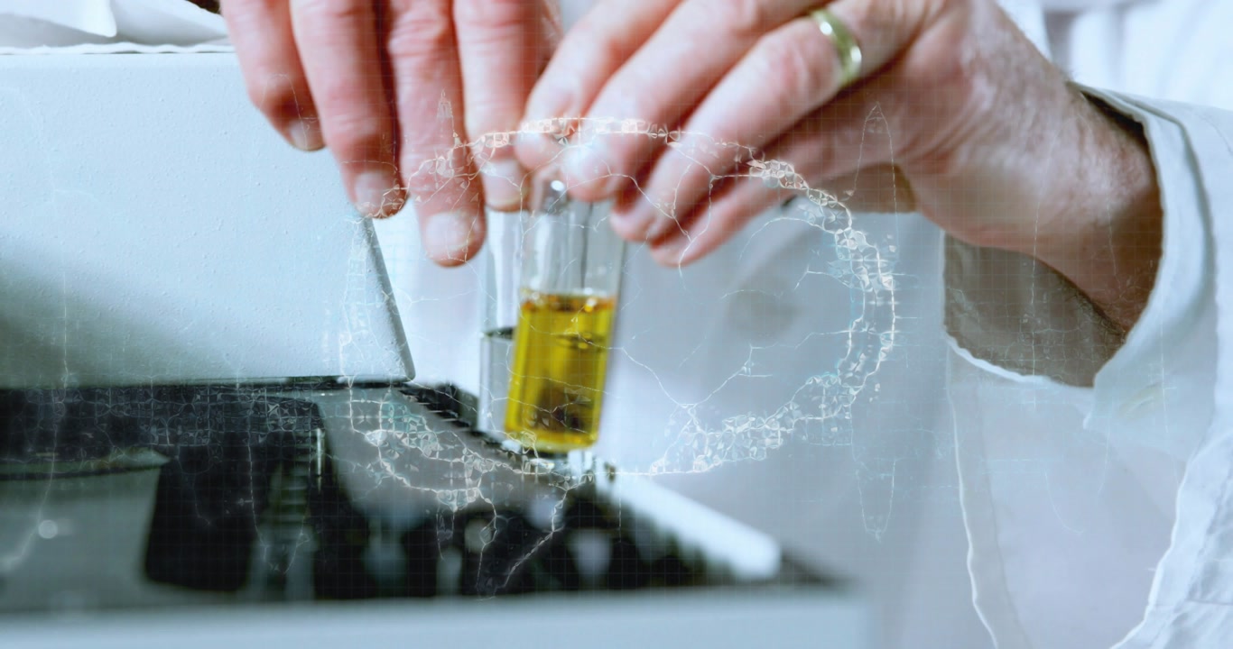 Senior male lab tech picking vials and loading rack, molecular overlay showing sample test data