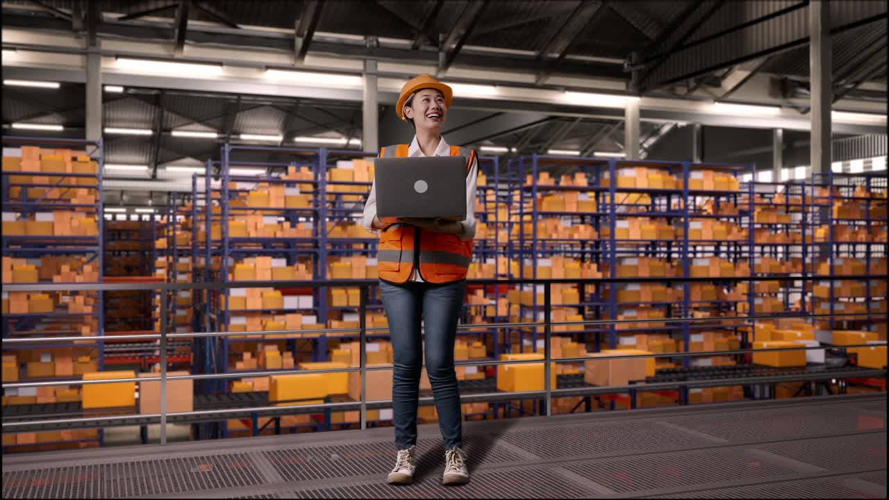 trabajadora en un almacén con una computadora portátil