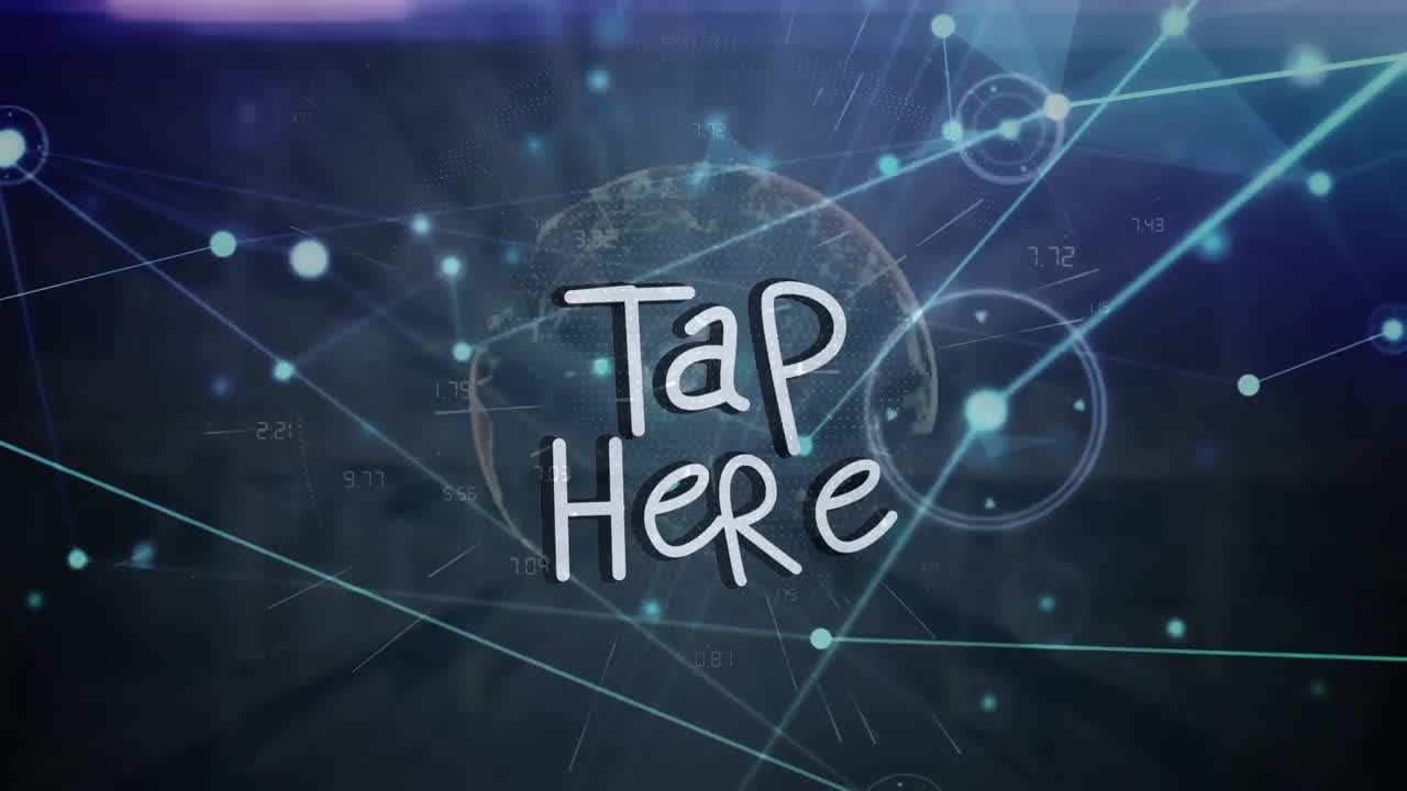 animación de tap aquí banner de texto y red de conexiones en todo el mundo contra fondo azul