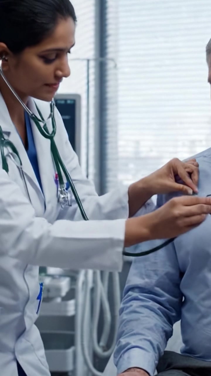 A Patient and Doctor Engage in a Meaningful Conversation in a Modern Medical Environment, Focused on Health and Well-Being