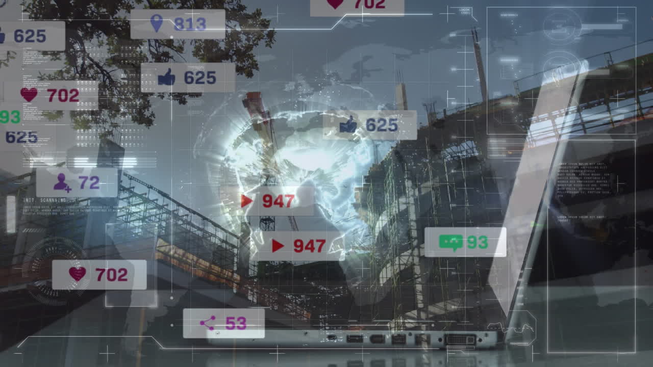 노트북과 도시 풍경을 사용하는 여성의 소셜 미디어 아이콘과 지구촌의 애니메이션