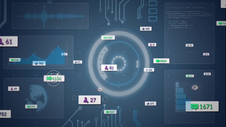Animation of social media notification icons over scanning circle and hud screens