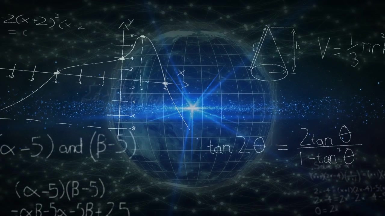 Esplosione stellare pulsante e scintillante, globo wireframe che ruota mentre notazioni matematiche scorrono, mostrando concetti.
