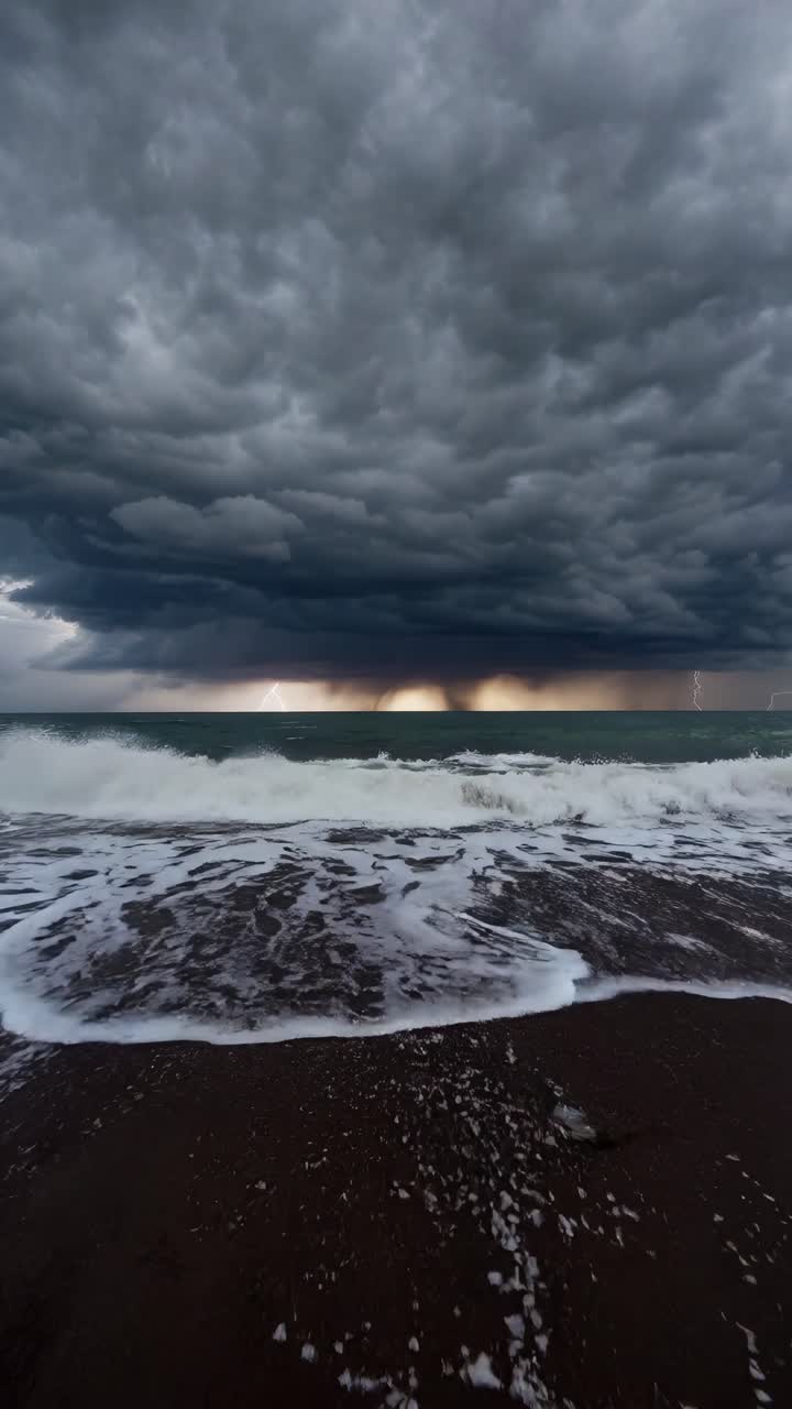 Dramatic seascape video with a low-angle view capturing stormy clouds, lightning, and crashing