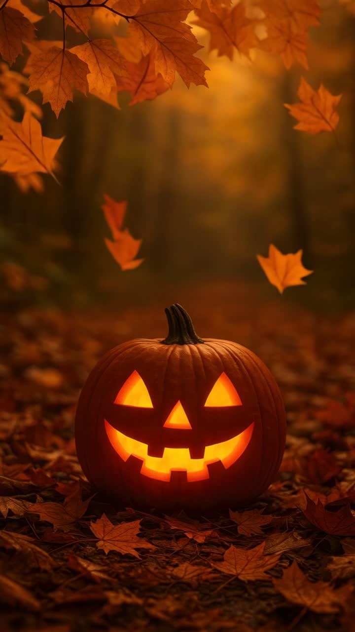 A low-angle shot captures a carved pumpkin amidst falling autumn leaves, creating a warm, festive