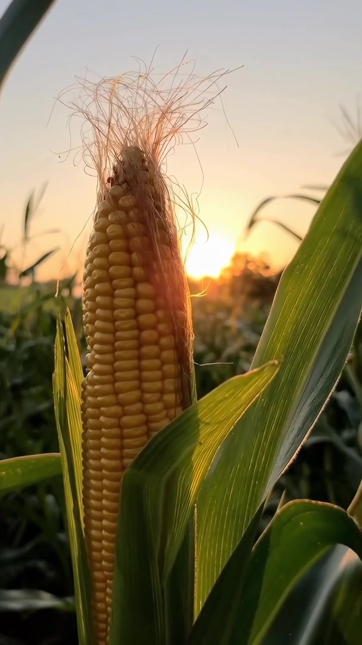 Pannocchia di Mais Matura che Cresce in un Campo al Tramonto