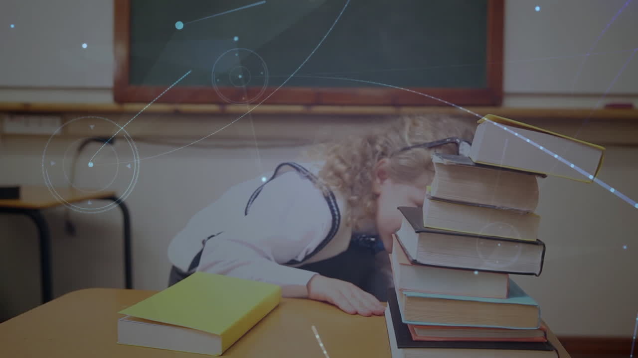 animación de una niña sobre puntos y líneas flotando en el fondo