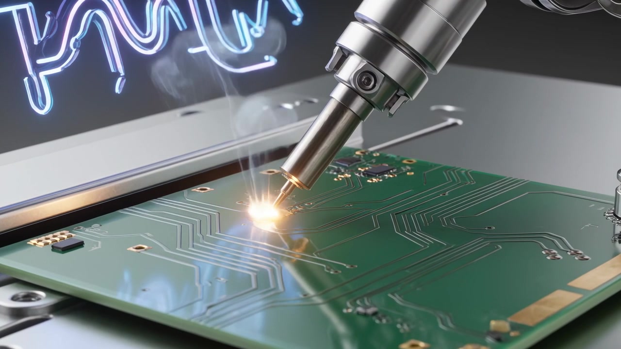 Starting on command, robot lowering solder nozzle onto PCB at bench forming solder joint under neon