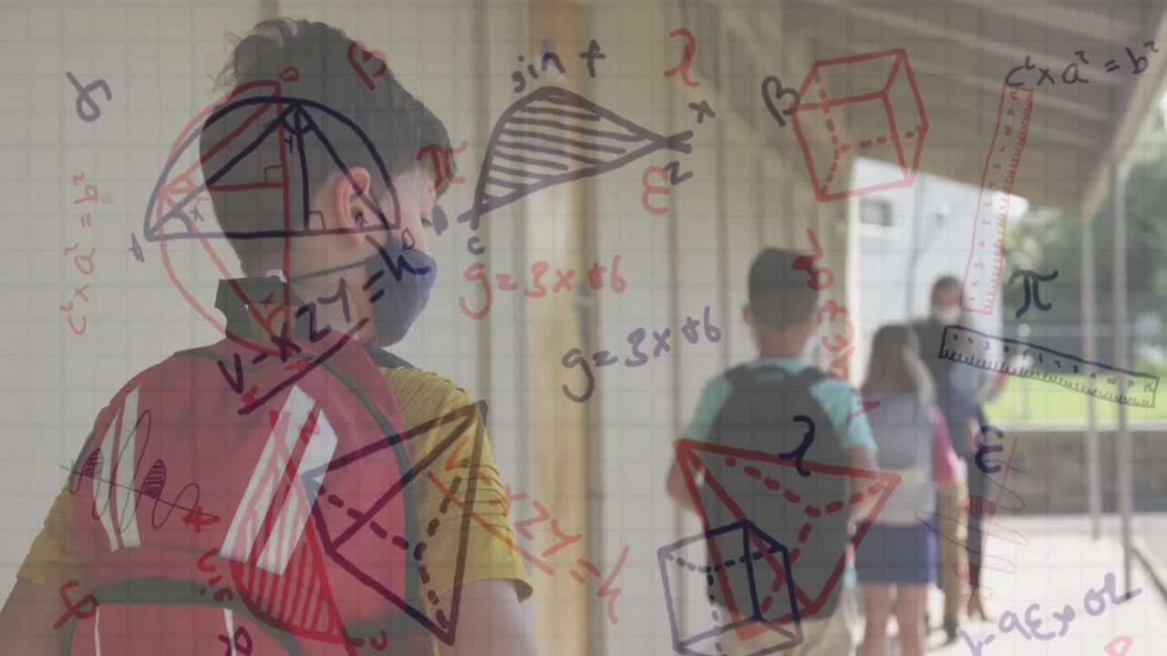 얼굴 마스크를 착용한 다양한 학교 어린이와 교사를 대상으로 수학 방정식의 애니메이션