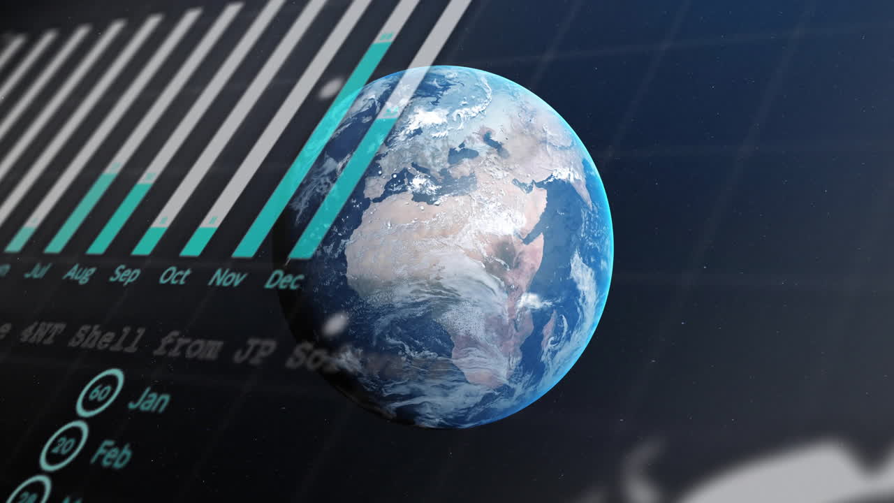Rotating Earth animation over bar graph showing monthly data trends