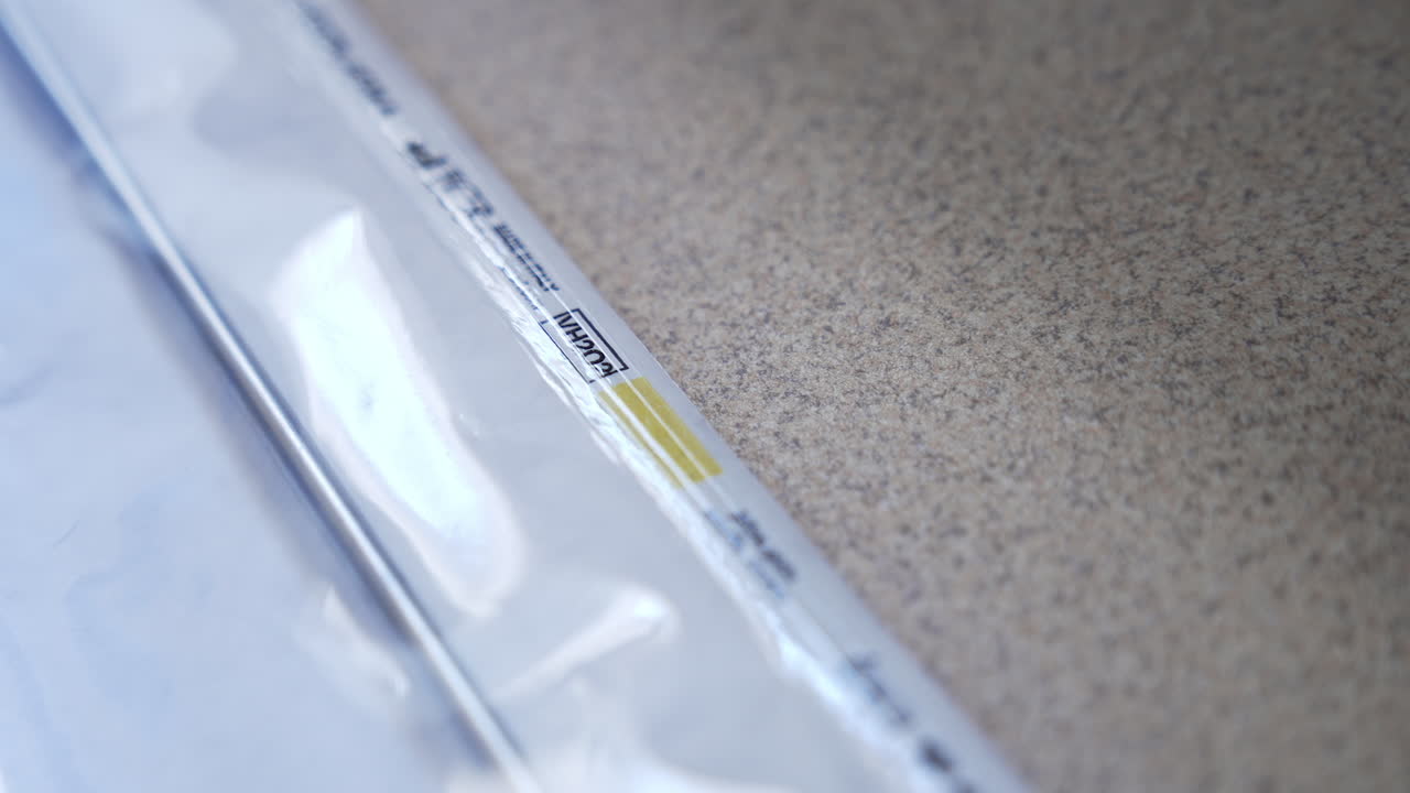 Metal tool packed into the plastic bag. Gloved hand of medic checks the vacuumed bag for integrity. Close up.