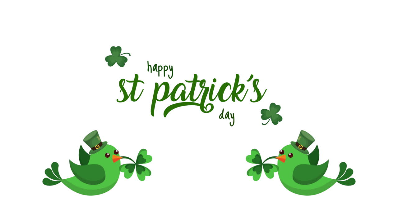 st patricks day animated card with lettering and birds