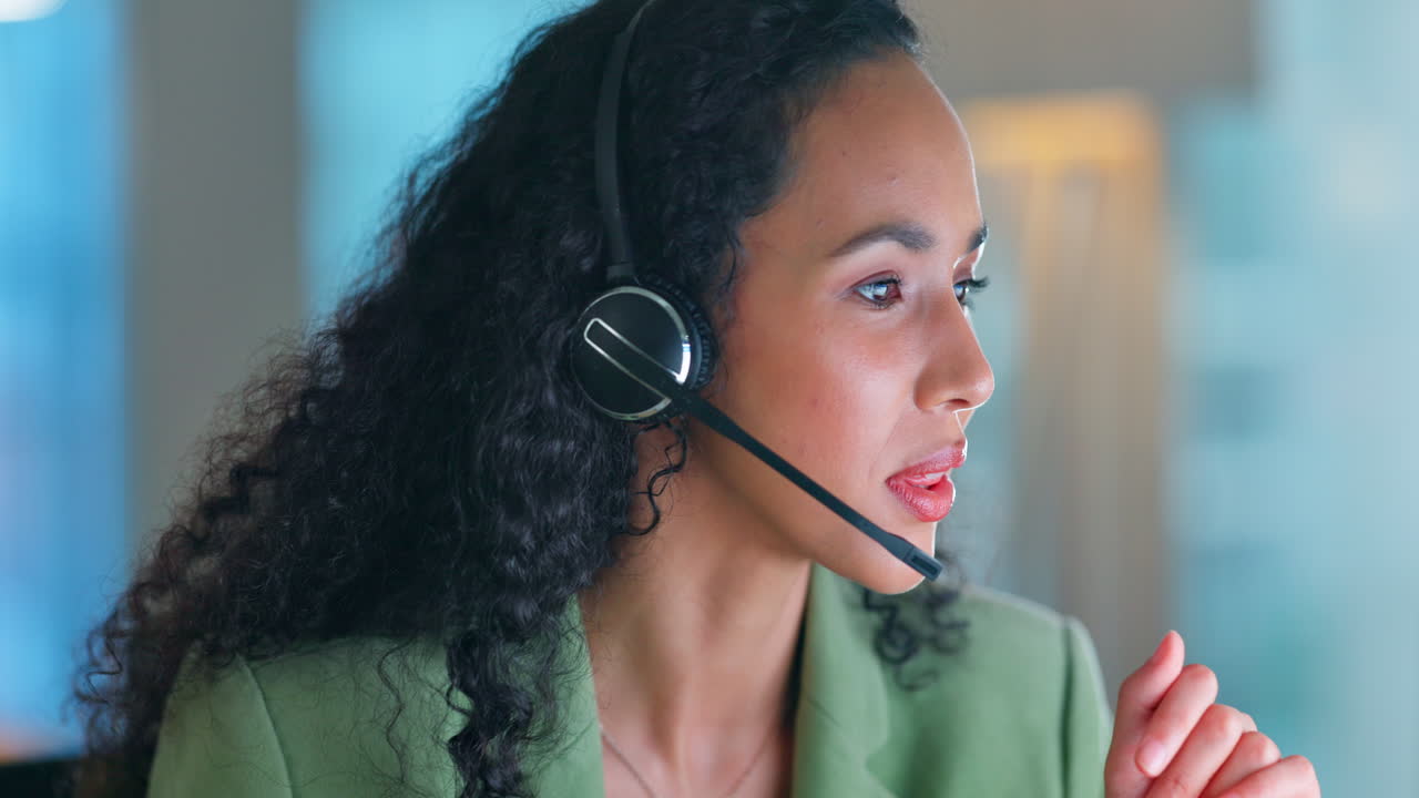 Friendly, call center and night with black woman