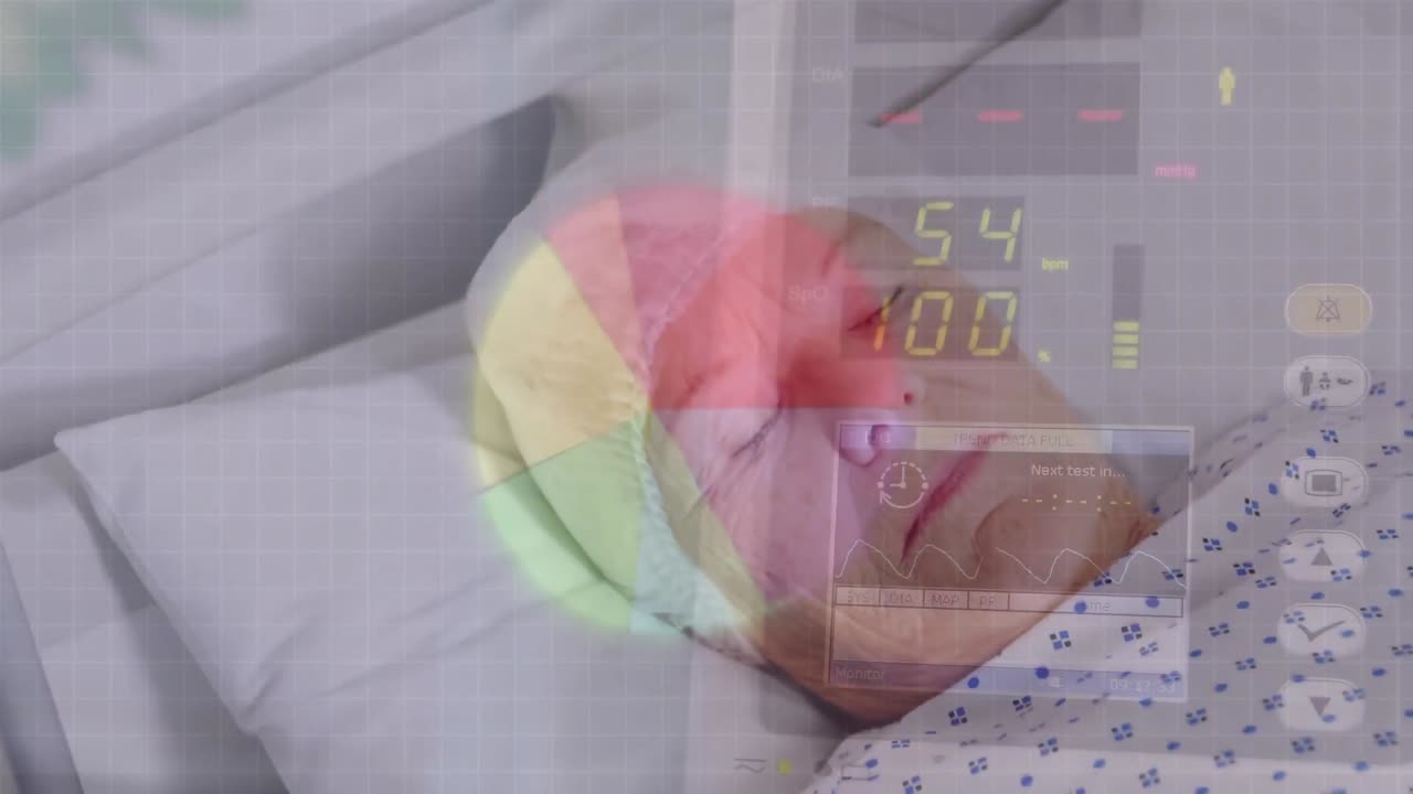 병원 침대에 있는 백인 여성 노인 환자에 대한 통계 및 의료 데이터 처리