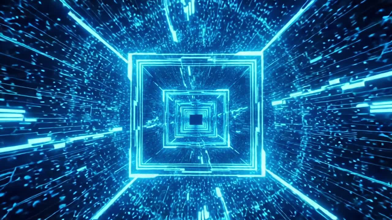 Illuminating Depths: A Dynamic Journey Through a Radiant Digital Tunnel of Pulsating Light and Energetic Motion, Showcasing a Futuristic Visual Experience