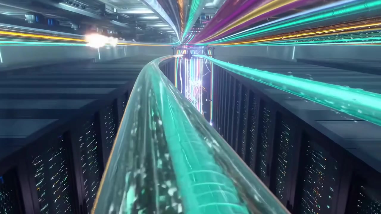 Data Flow Through Fiber Optic Cables in a Server Room