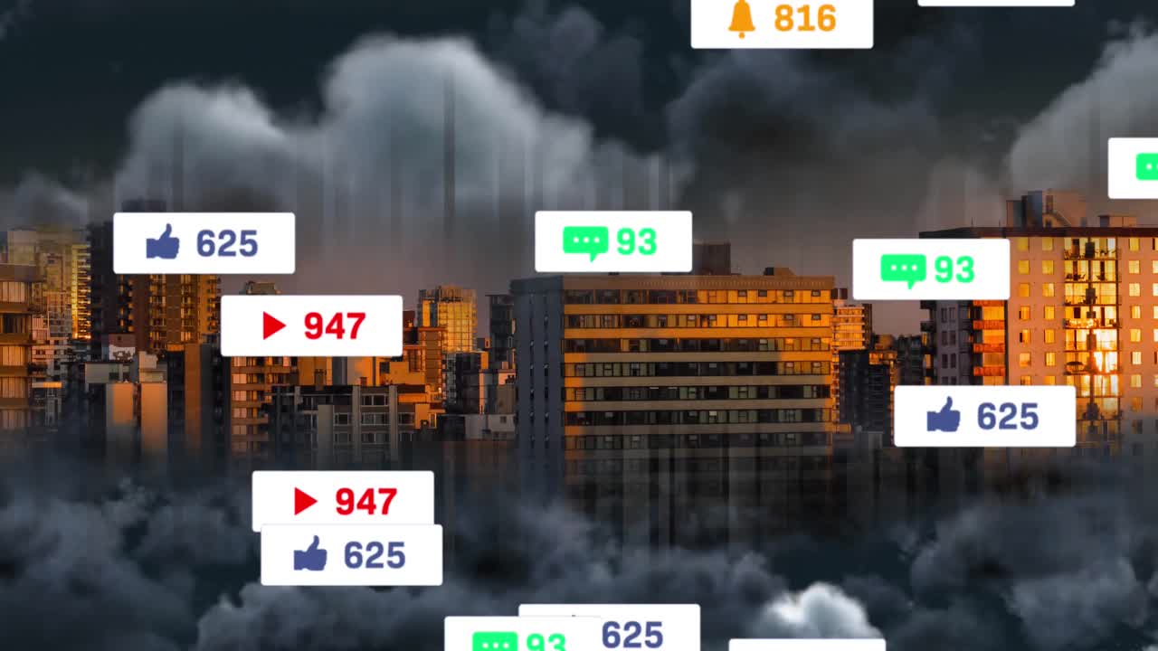 animación de cursores sobre iconos de redes sociales y números en banderas y paisajes urbanos