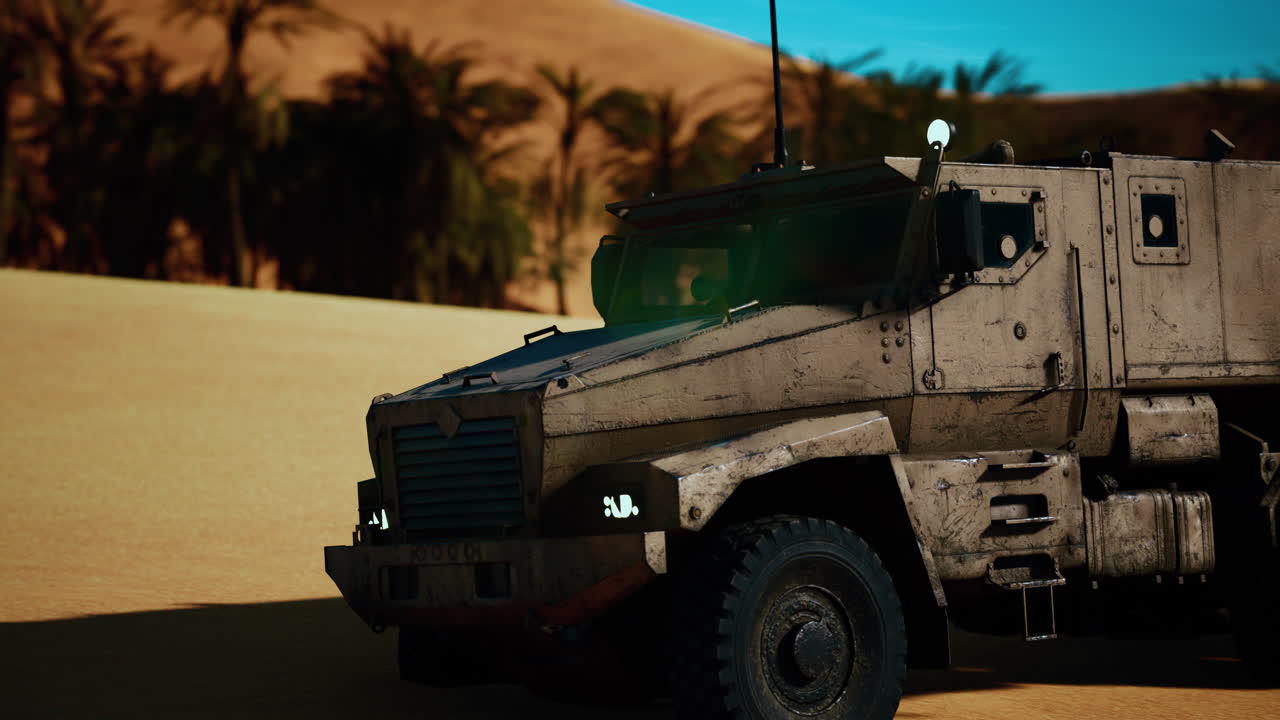 사막에서 장갑 군사 트럭