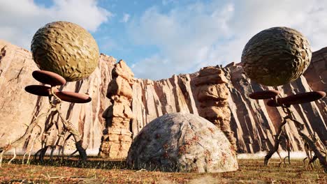 Trockener-Fremder-Planet-Mit-Fremden-Pflanzen-Und-Organischen-Kugeln,-Die-In-Der-Luft-Rotieren,-3D-Animation,-Kameraschwenk-Langsam-Nach-Rechts,-Morgenzeit