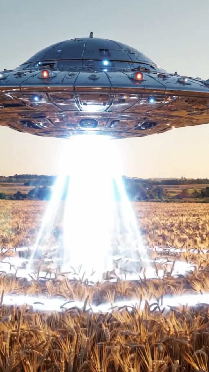 Un incontro extraterrestre: una prospettiva dettagliata su un UFO che si libra furtivamente sopra un campo di grano dorato, emettendo un fascio di luce brillante in un'atmosfera enigmatica