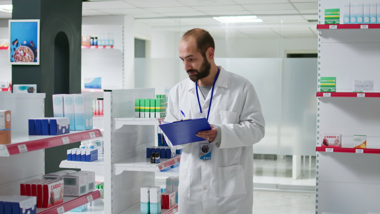 Druggist counting all pharmaceutical stock in pharmacy shop
