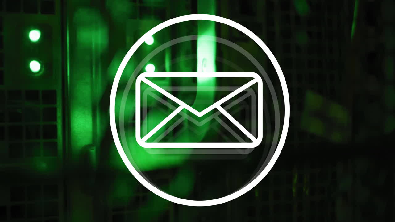 Animation of email icon and digital data processing over computer servers