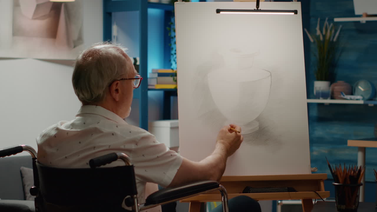 Old man living with physical disability and drawing artwork