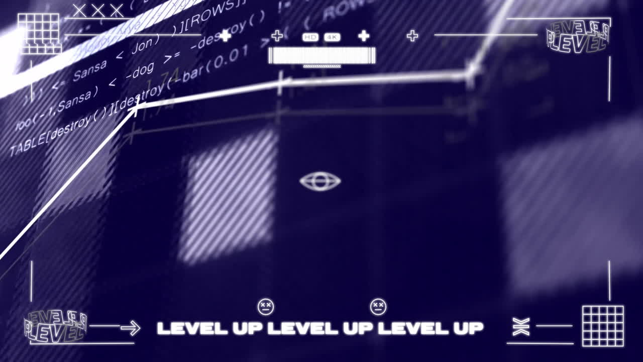 스크린 위의 레벨 업 텍스트를 통해 디지털 데이터 처리의 애니메이션