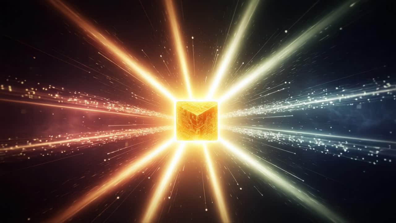 Radiant Energy Emanating From a Central Cube, Surrounded by Dynamic Streams of Light in a Celestial Setting, Capturing the Essence of Digital Space and Power