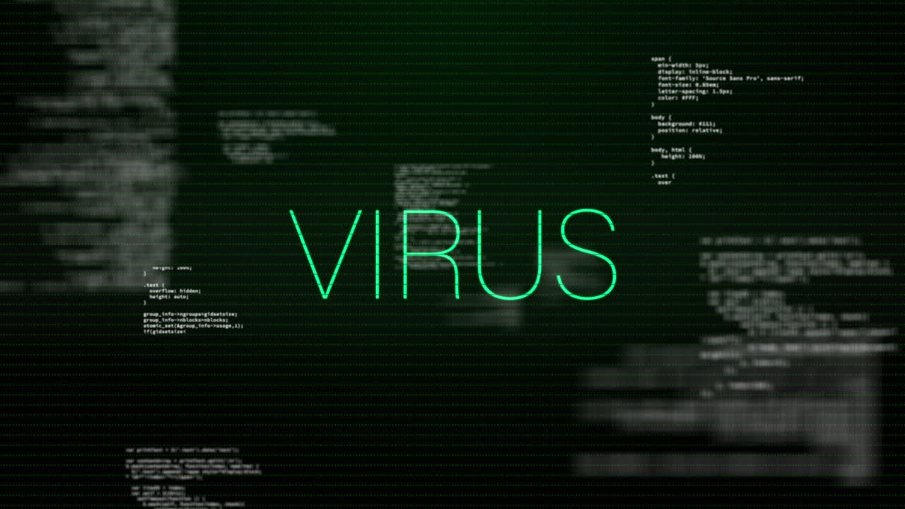 animación del texto del virus sobre el procesamiento de datos.