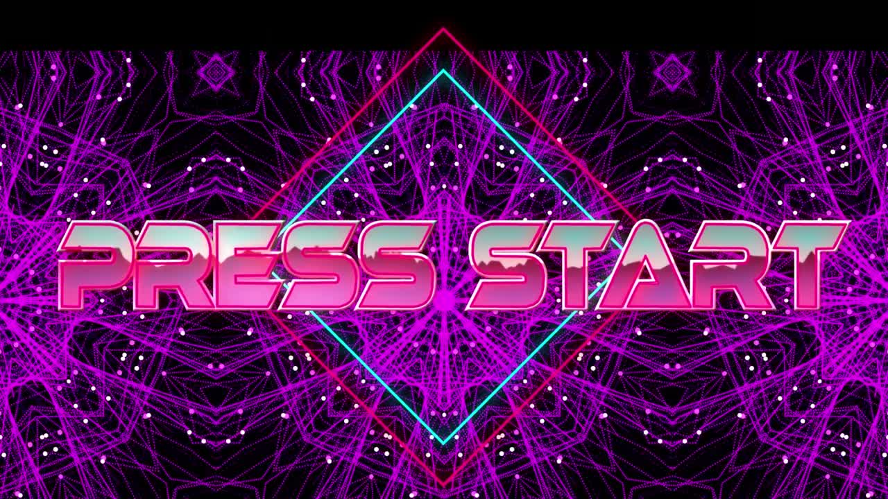 검은 바탕에 카레이도스코픽 모양 위에 프레스 시작 텍스트의 애니메이션