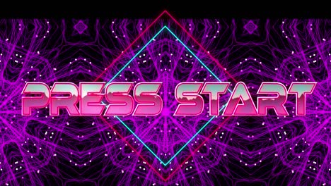 Animation-of-press-start-text-over-kaleidoscopic-shapes-on-black-background