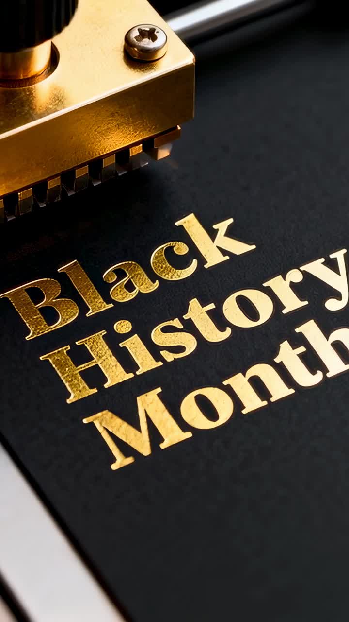 Lodret video: Pres starter, sænker messinghoved på sort papir og tilføjer Black History Month-folie