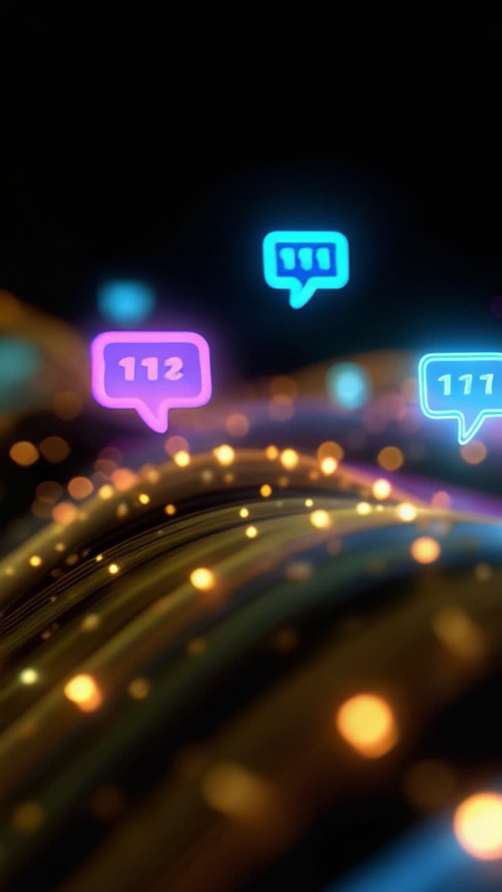Onde di comunicazione dinamiche con bolle di chat colorate ed effetti di luce vibranti che illustrano l'interazione digitale e la connettività nella tecnologia moderna.