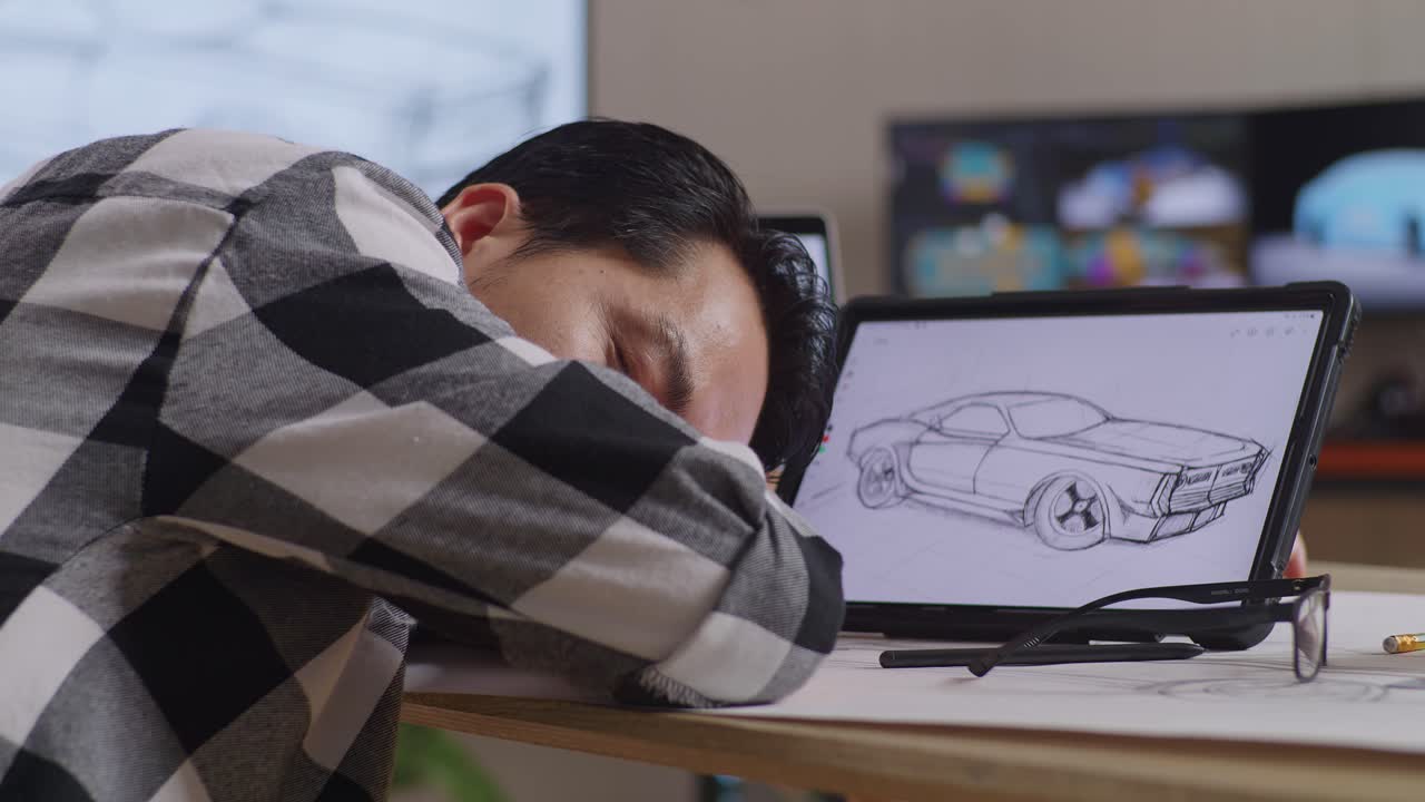 tv와 컴퓨터 디스플레이 3d 전기 자동차 모델을 가진 스튜디오에서 태블릿에서 새로운 자동차 디자인 컨셉을 그리는 동안 잠을 자는 아시아 남성의 가까운 측면 뷰