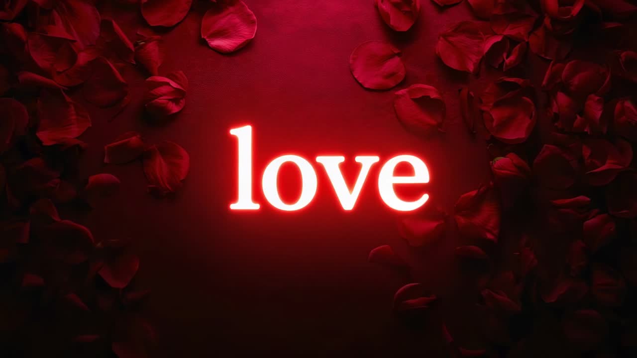Forming av glødende ord «love» fra 1 som dukker opp på bakteppe av roseblader, som tegner fokus med vignettbelysning.