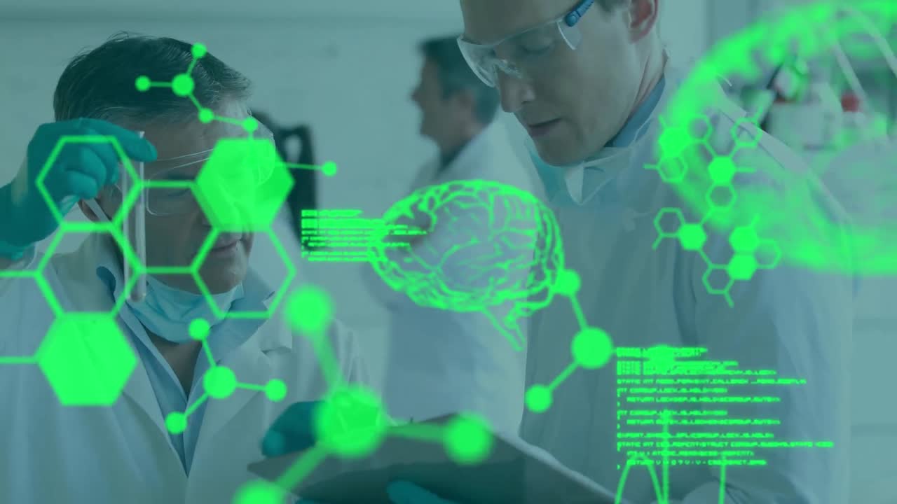 animación del procesamiento de datos médicos sobre dos científicos varones caucásicos que trabajan en el laboratorio