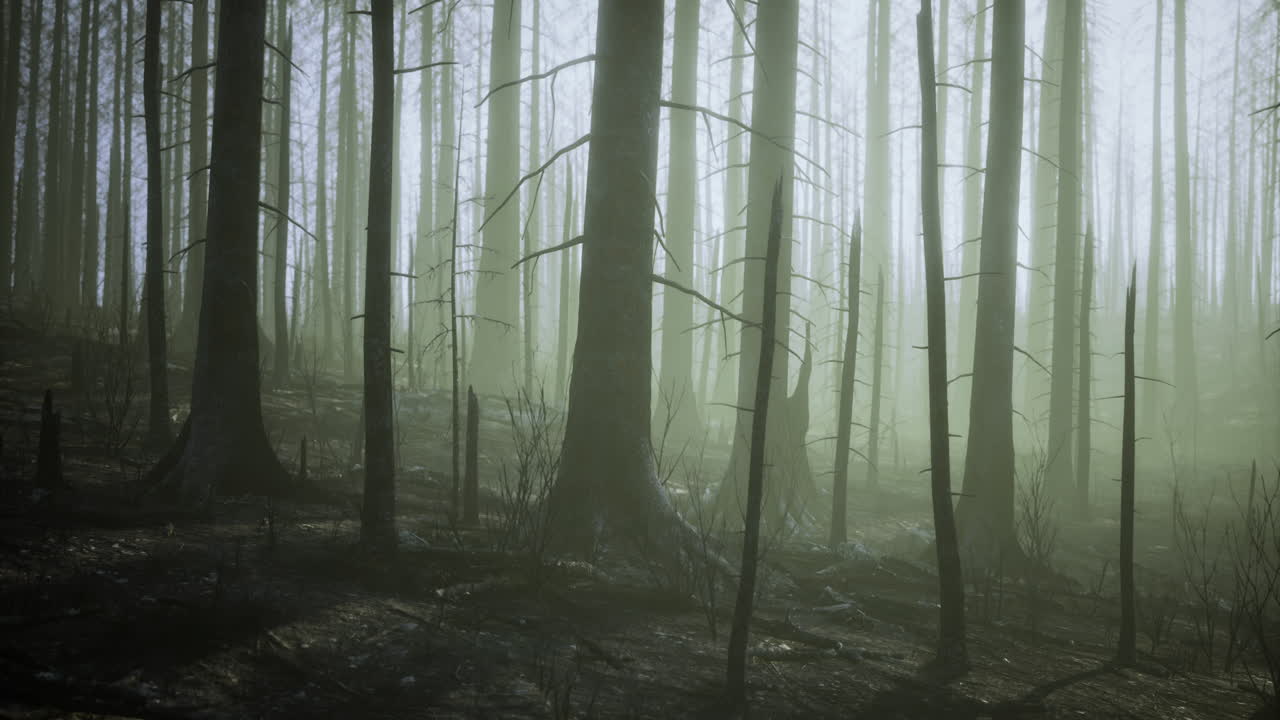 Eerie mist envelops charred trees in a desolate forest landscape