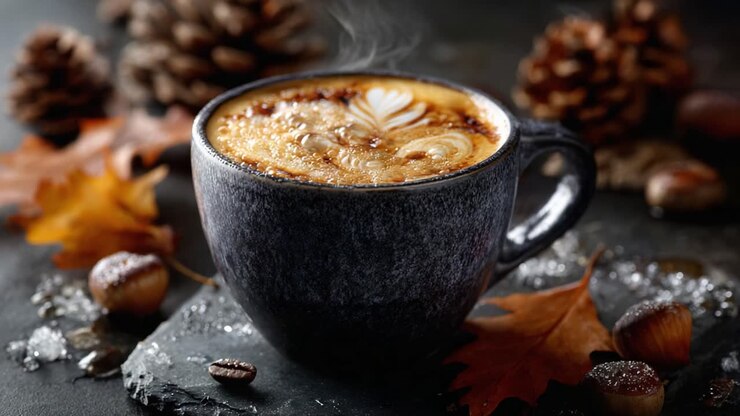 Eine gemütliche Tasse cremiger Kaffee mit wunderschöner Latte Art, umgeben von Herbstlaub, Tannenzapfen und Eicheln, die Wärme und Behaglichkeit in einer rustikalen Umgebung hervorrufen