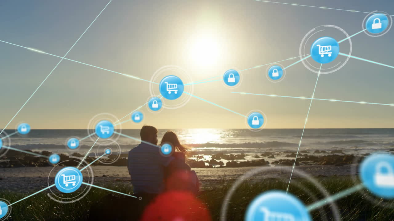 animación de la red de conexiones con íconos de compras sobre pareja enamorada por el mar