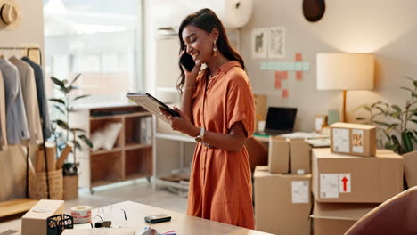 Boxes,-phone-call-and-woman-with-a-tablet