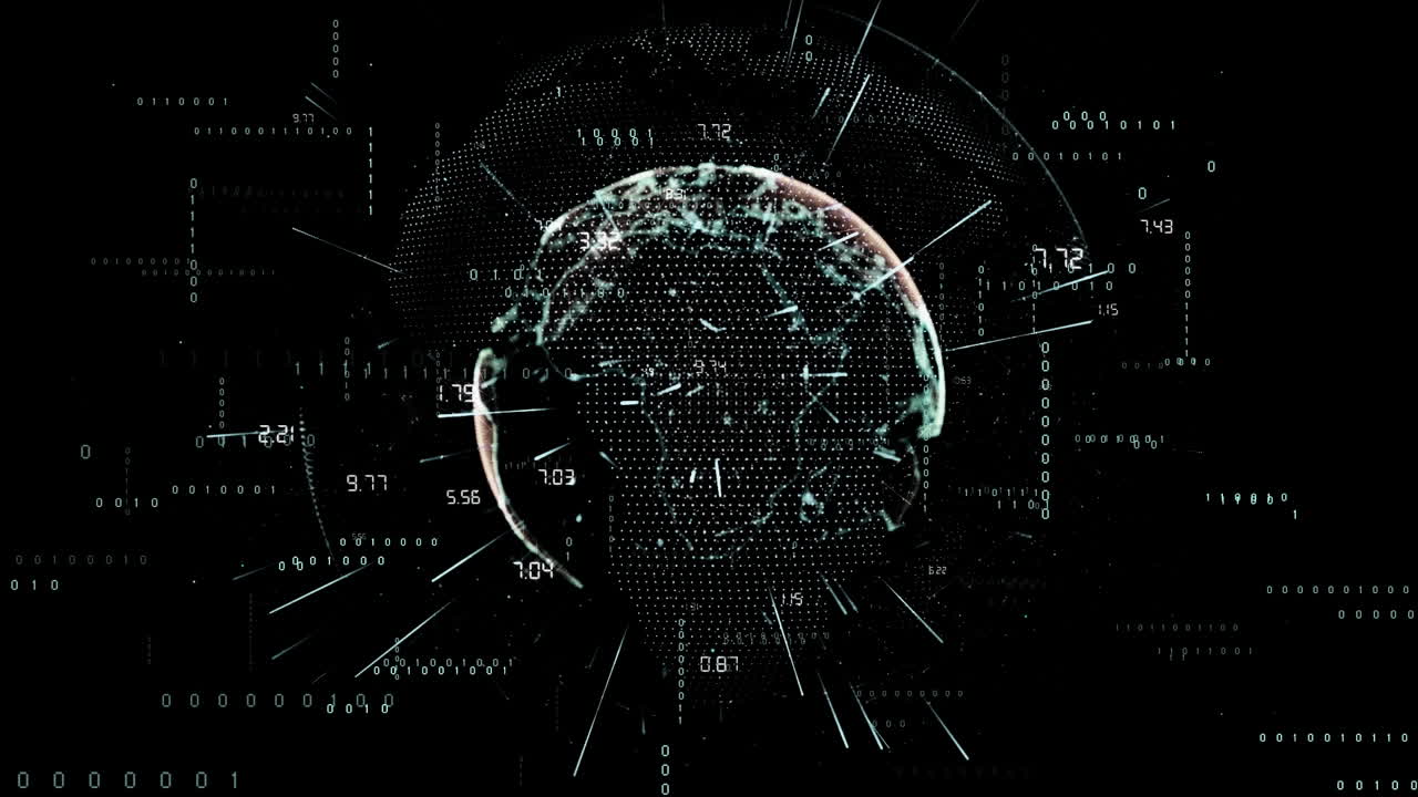 Animation of data processing and globe on black background