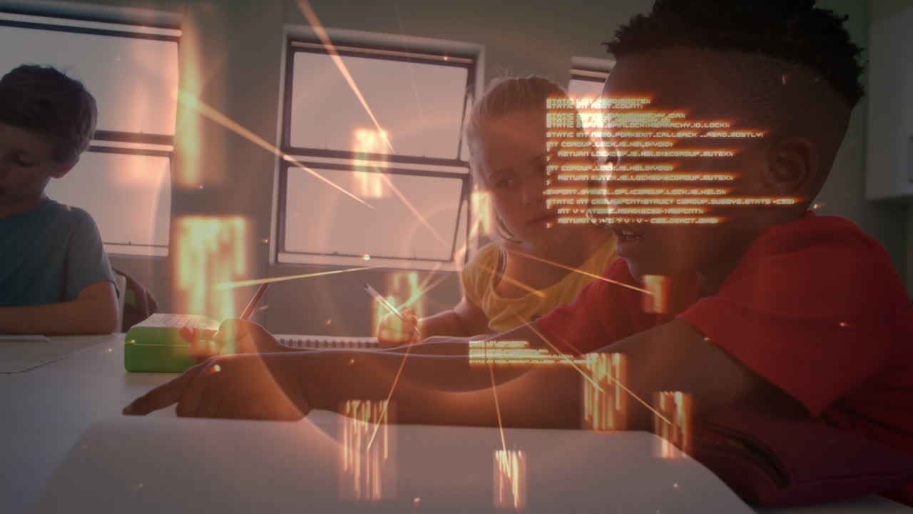 Alphabets spinning against diverse boy and girl studying together in the class at school