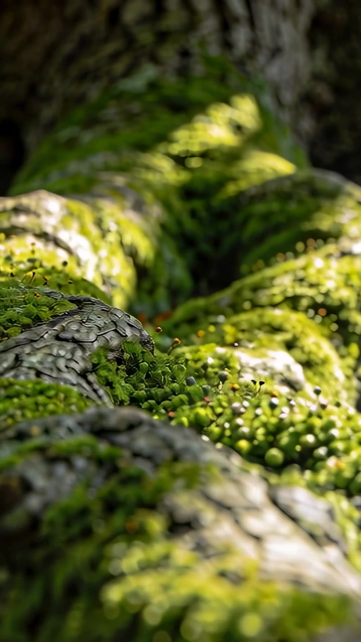 Video verticale: Telecamera che panoramica una radice muschiosa sul suolo della foresta, con luce che cambia e mostra steli di spore.