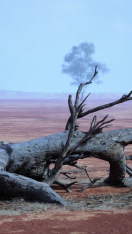 árbol caído en un paisaje desértico brumoso