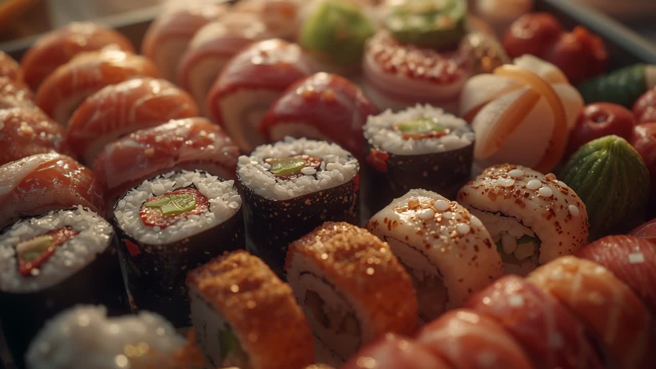 Shifting camera focus across sushi bar platter, revealing glistening maki rolls and nigiri textures